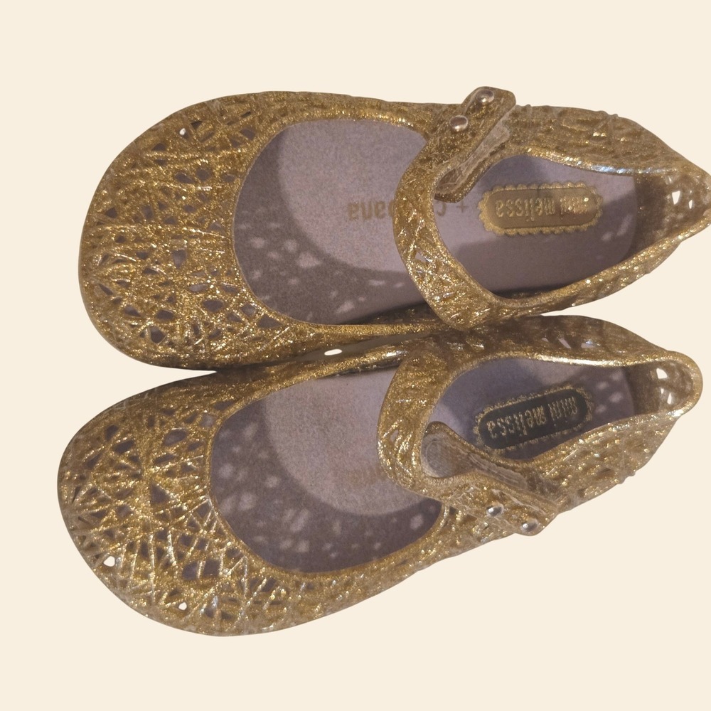 Mini Melissa Campana Zig Zag Gold Glitter Jelly Flats Shoes Toddler Girl Size 7